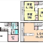 南区宇品西2丁目新築　建物面積95.64㎡。3LDK+納戸の間取りです。